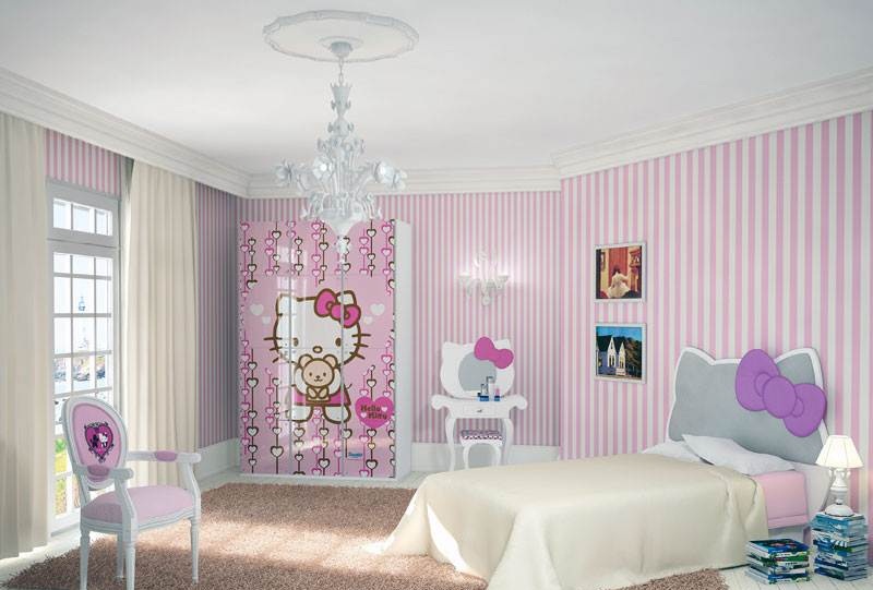 Hello Kitty Bedroom With Pink Striped Walls Room Decor And