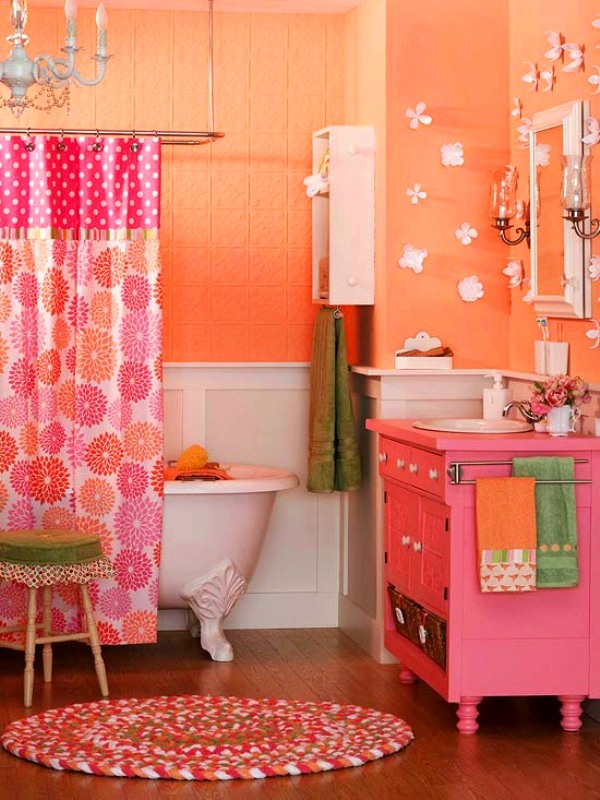 Orange Bathroom With Pink Decorations Room Decor And Design