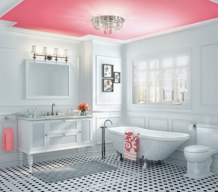 White Bathroom with Bright Red Ceiling Room Decor and Design