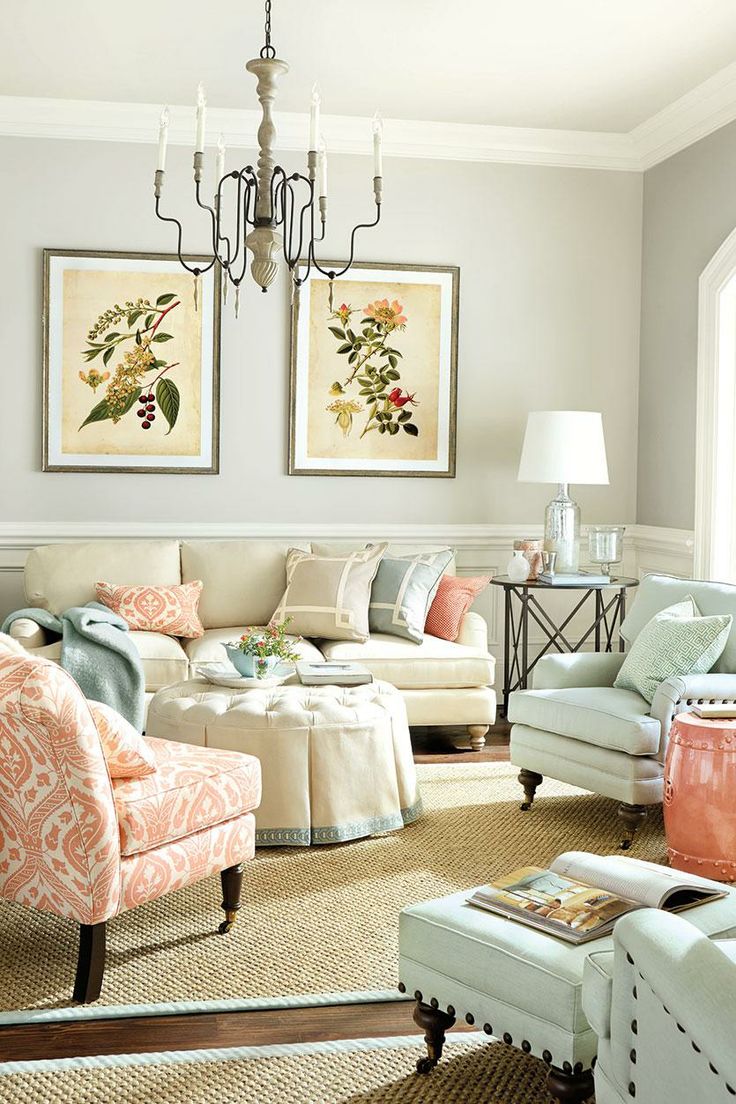 Soft, Pastel Living Room with Coral, Blue, and Beige - Room Decor and ...